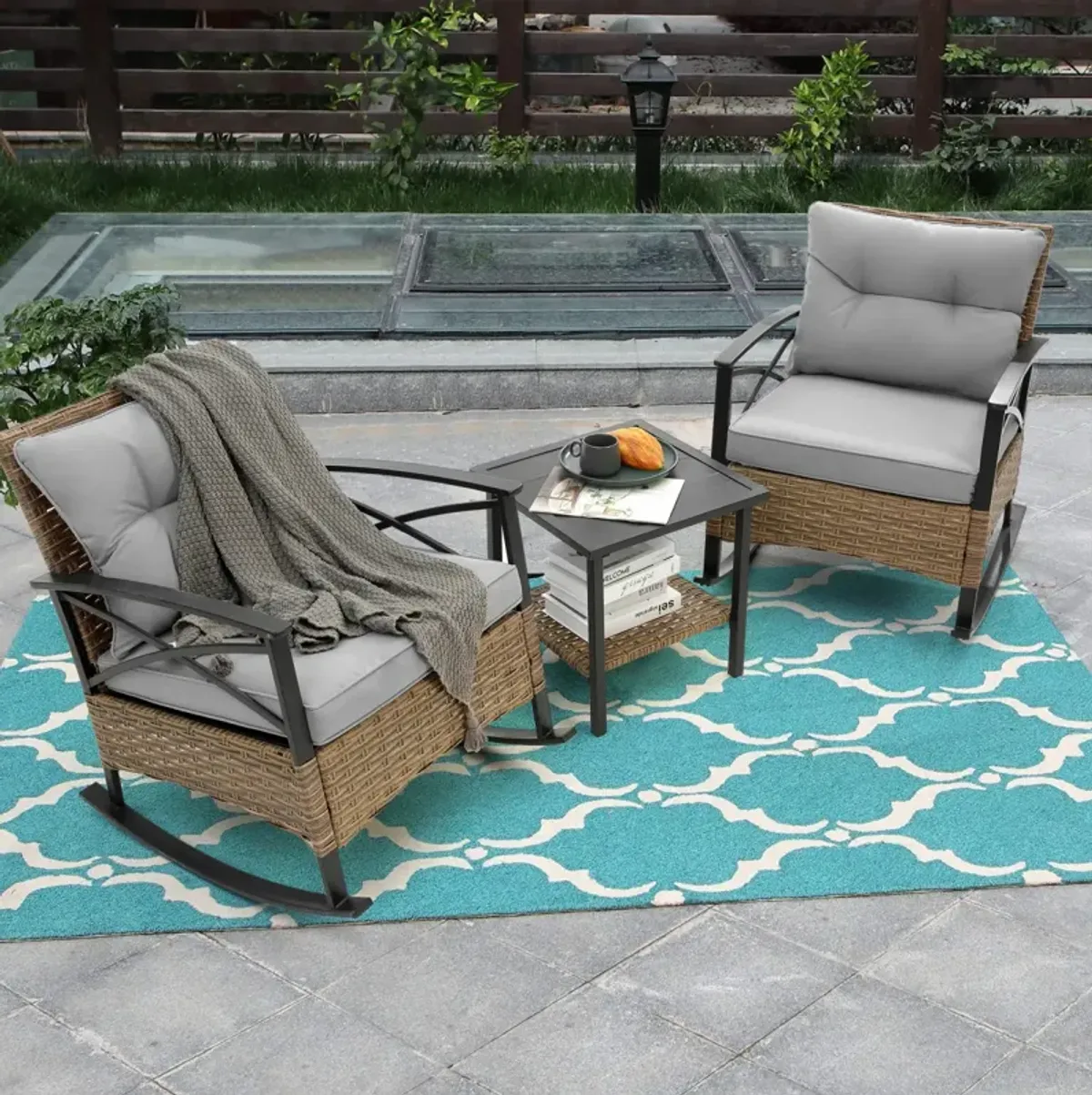 3 Pieces Rocking Rattan Set Wholesale Leisure Chair Outdoor Rattan Rocking Chair Set Grey