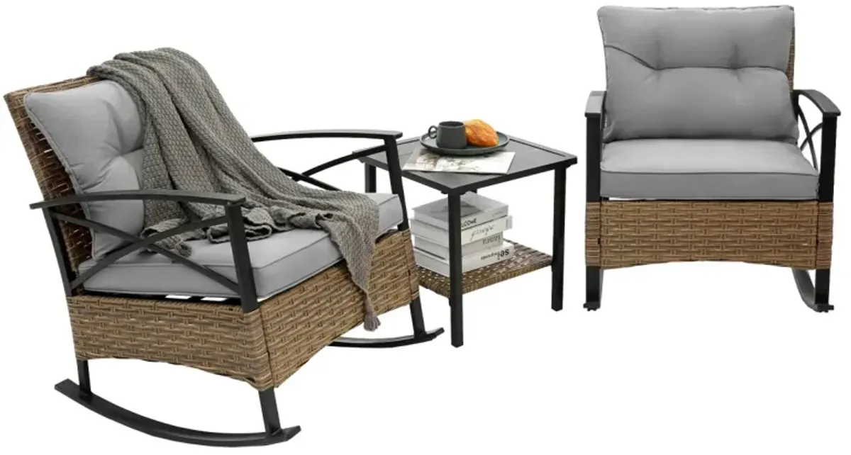 3 Pieces Rocking Rattan Set Wholesale Leisure Chair Outdoor Rattan Rocking Chair Set Grey