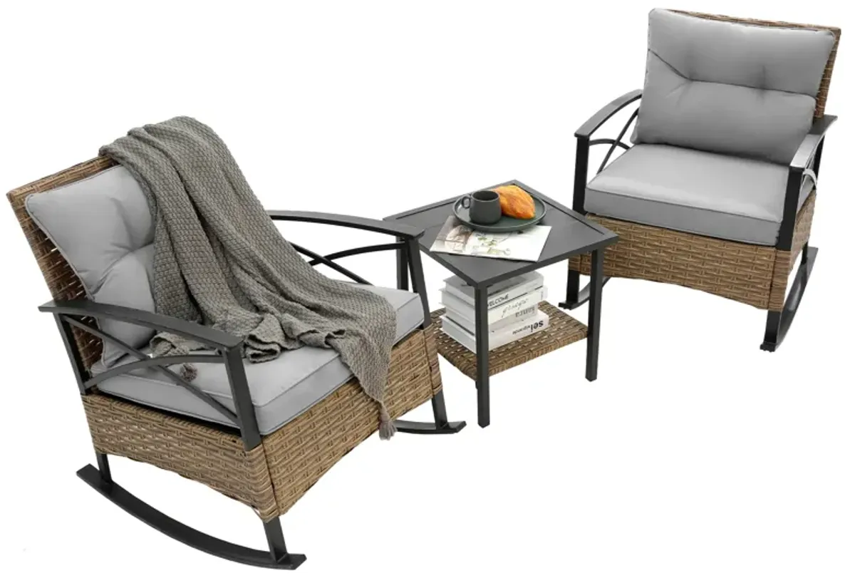 3 Pieces Rocking Rattan Set Wholesale Leisure Chair Outdoor Rattan Rocking Chair Set Grey