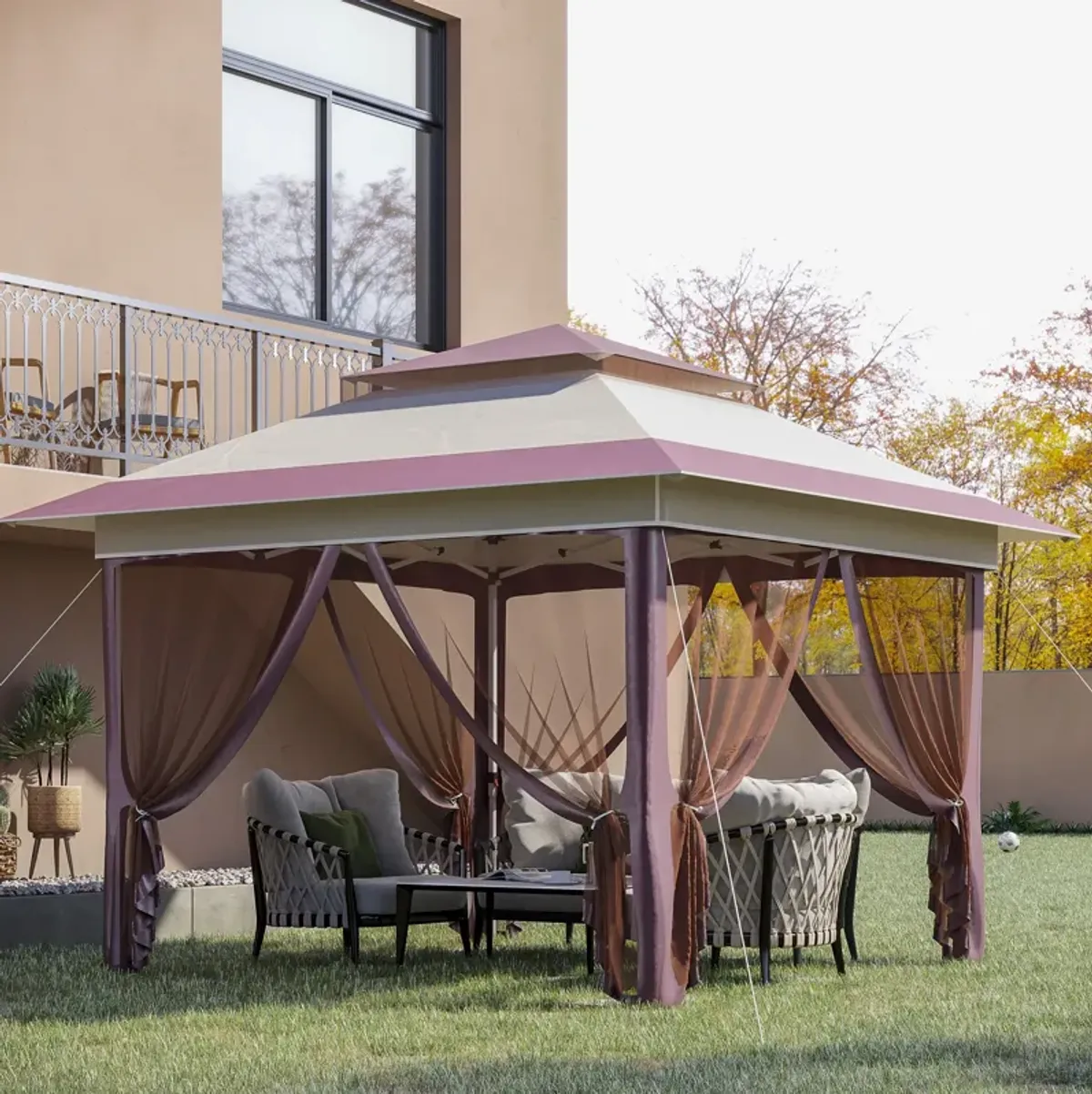 Beige Event Shelter: 12'x12' Pop Up Canopy with Mesh Sidewalls