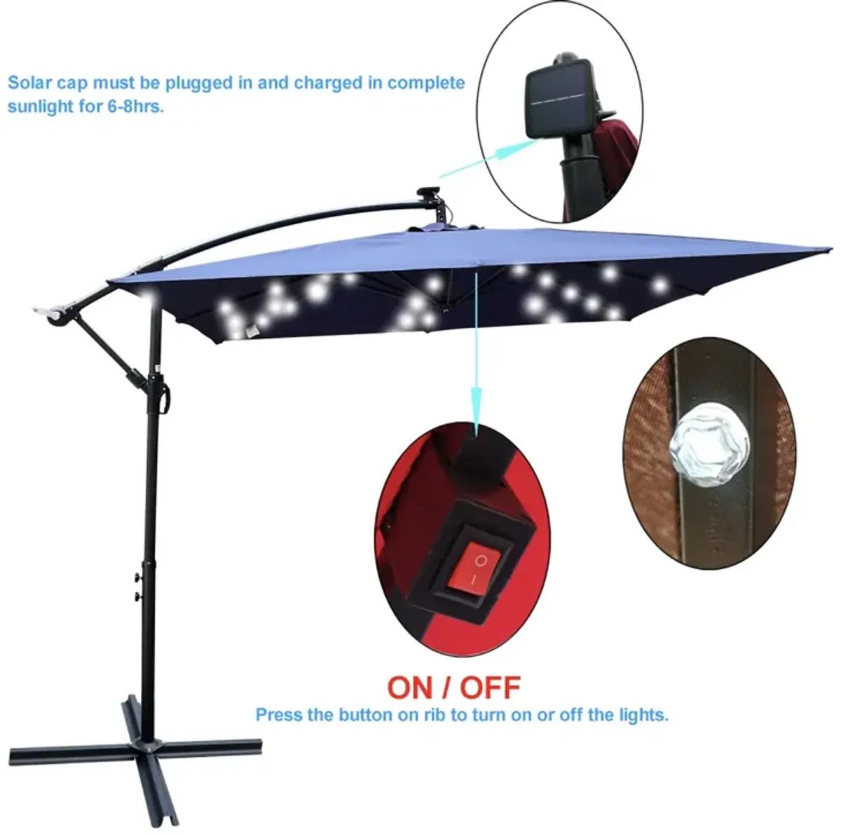 Solar Powered LED Patio Umbrella with Crank & Base