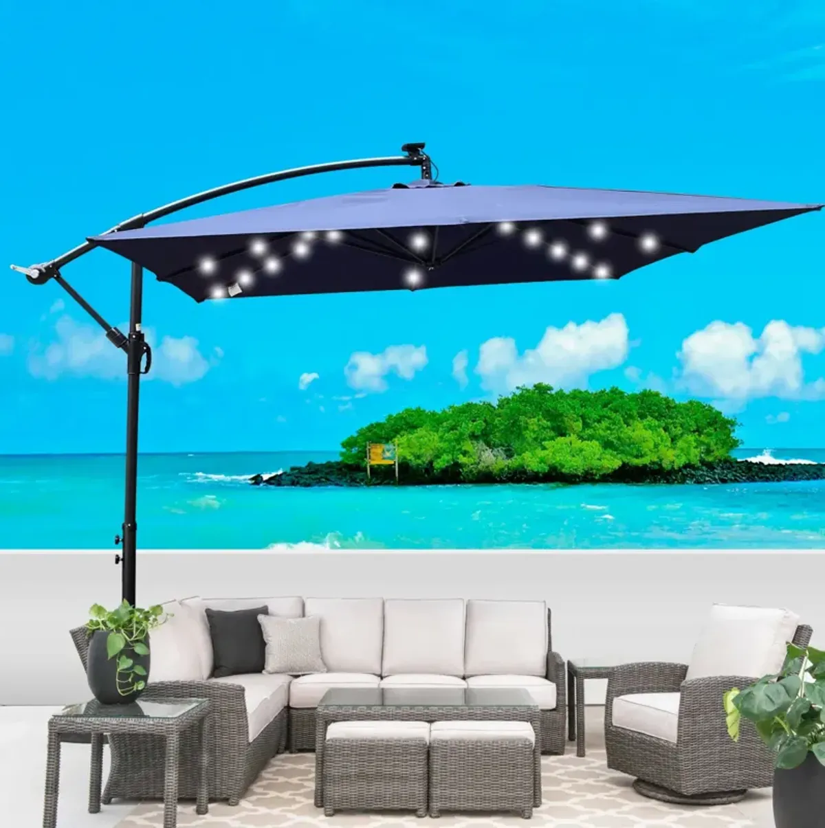 Solar Powered LED Patio Umbrella with Crank & Base