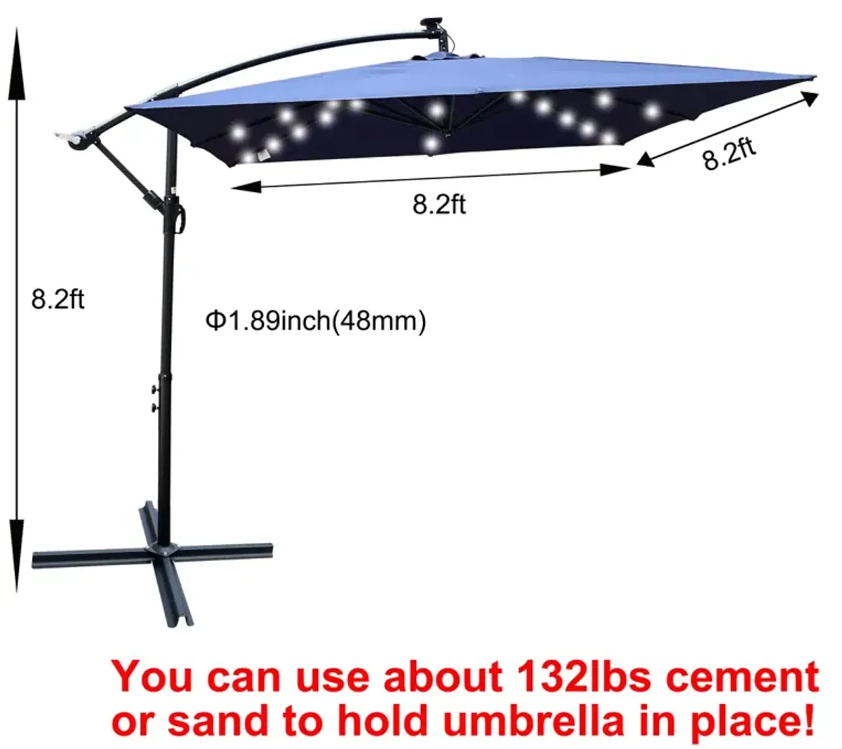 Solar Powered LED Patio Umbrella with Crank & Base