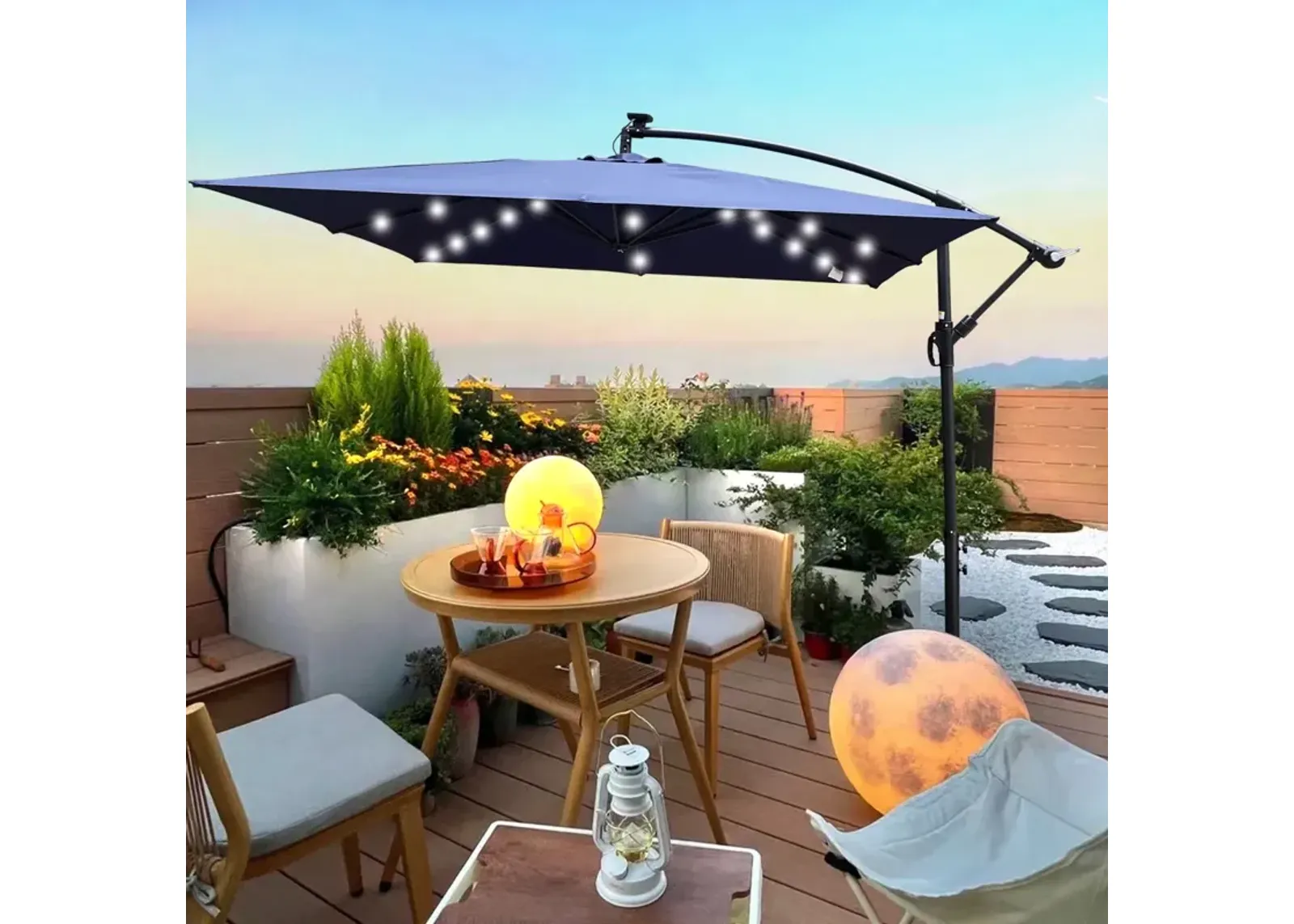 Solar Powered LED Patio Umbrella with Crank & Base