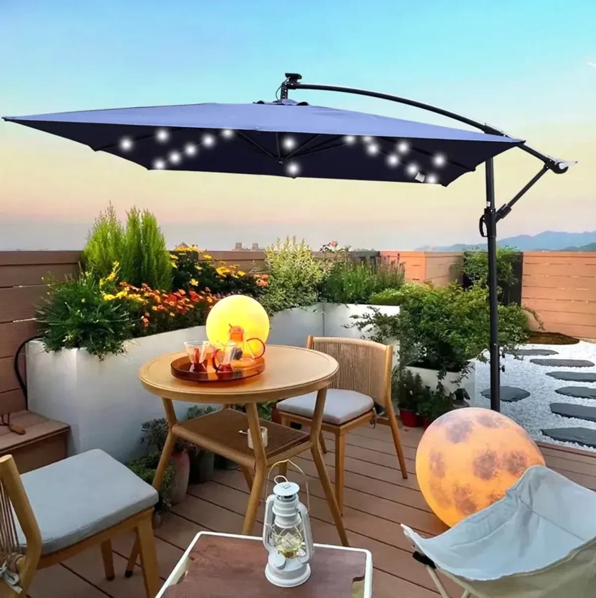 Solar Powered LED Patio Umbrella with Crank & Base