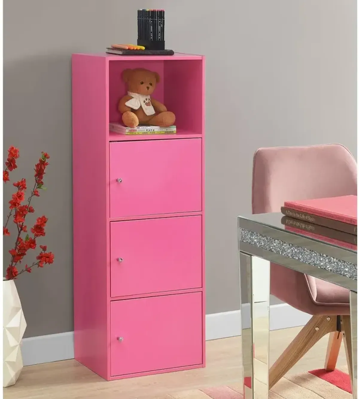 Convenience Concepts Xtra Storage 3 Door Cabinet with Shelf, Pink