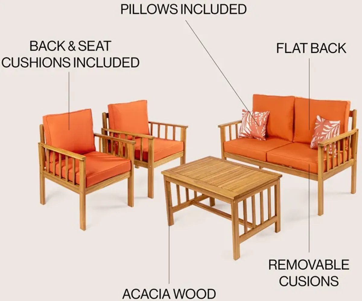 Everly 4-Piece Modern Cottage Acacia Wood Outdoor Patio Set with Cushions and Tropical Decorative Pillows