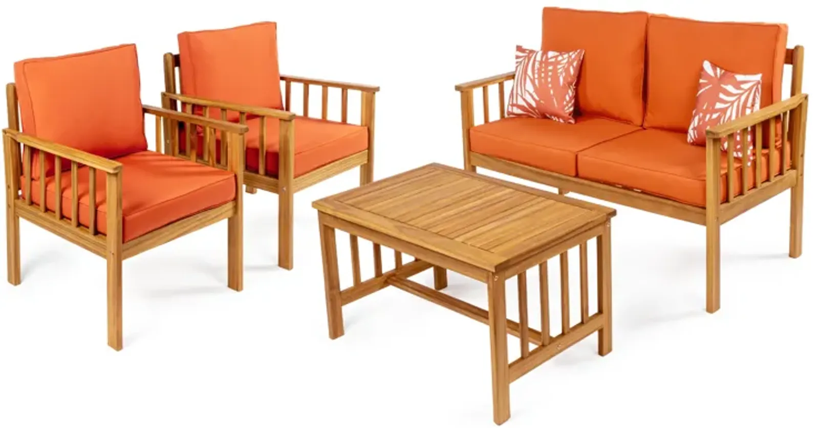 Everly 4-Piece Modern Cottage Acacia Wood Outdoor Patio Set with Cushions and Tropical Decorative Pillows