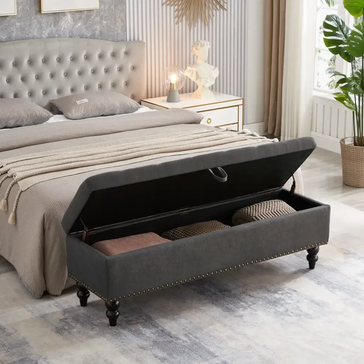 59" Bed Bench Ottoman with Storage Beige Fabric