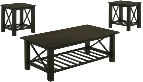 Viki 3 Piece Brown Coffee and End Table Set, Cross Bars, Slatted Open Shelf-Benzara