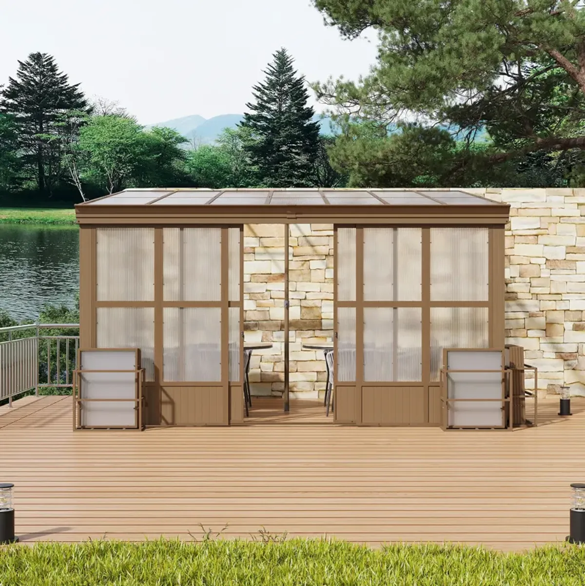 MONDAWE Lean to Sun Room 10x14FT, Wall Mounted Solarium with Sloping Polycarbonate Roof, Detachable Screens and 2 Lockable Sliding Doors