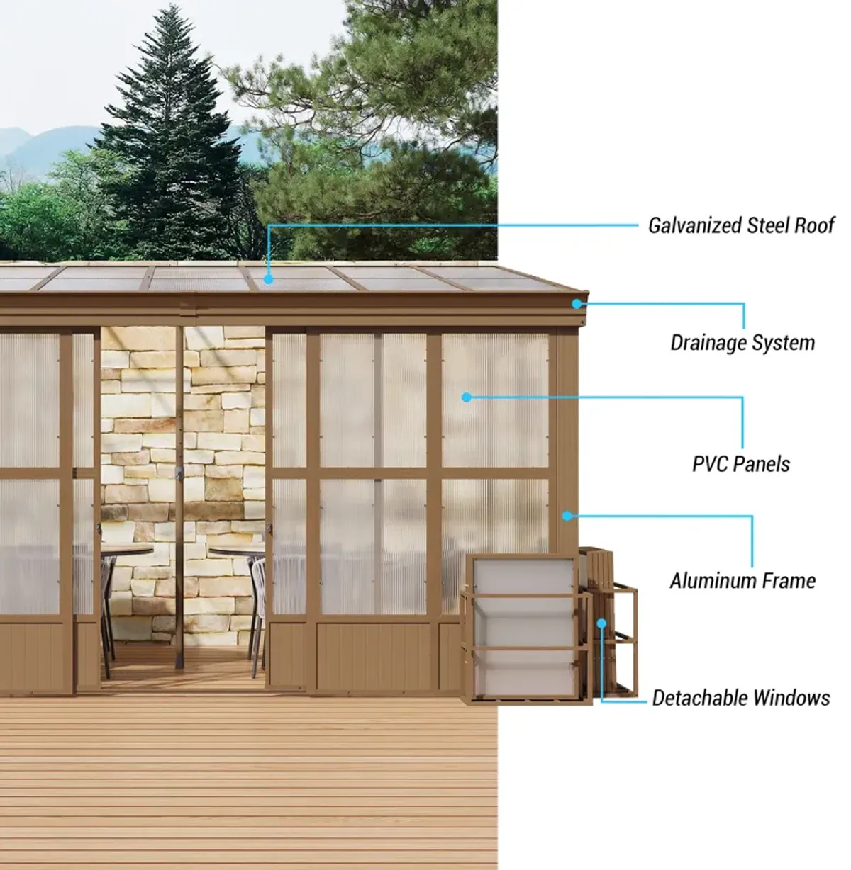 MONDAWE Lean to Sun Room 10x14FT, Wall Mounted Solarium with Sloping Polycarbonate Roof, Detachable Screens and 2 Lockable Sliding Doors