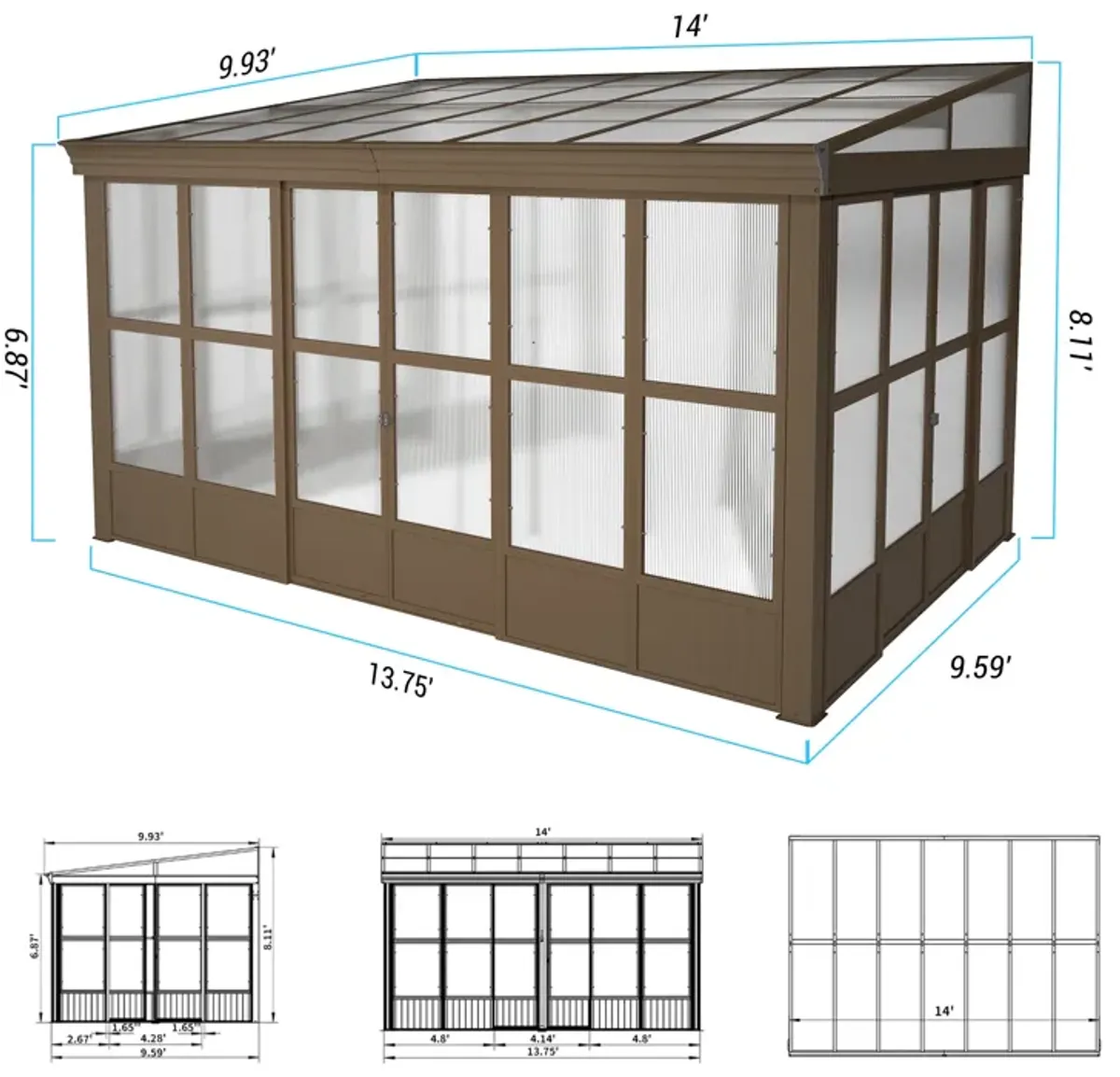 MONDAWE Lean to Sun Room 10x14FT, Wall Mounted Solarium with Sloping Polycarbonate Roof, Detachable Screens and 2 Lockable Sliding Doors