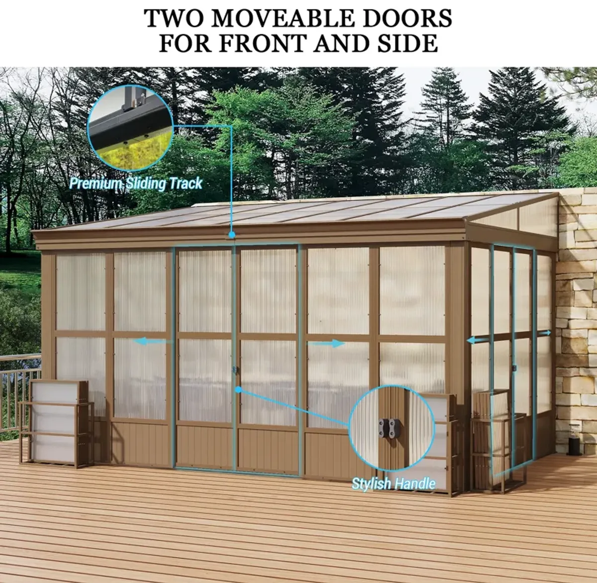 MONDAWE Lean to Sun Room 10x14FT, Wall Mounted Solarium with Sloping Polycarbonate Roof, Detachable Screens and 2 Lockable Sliding Doors