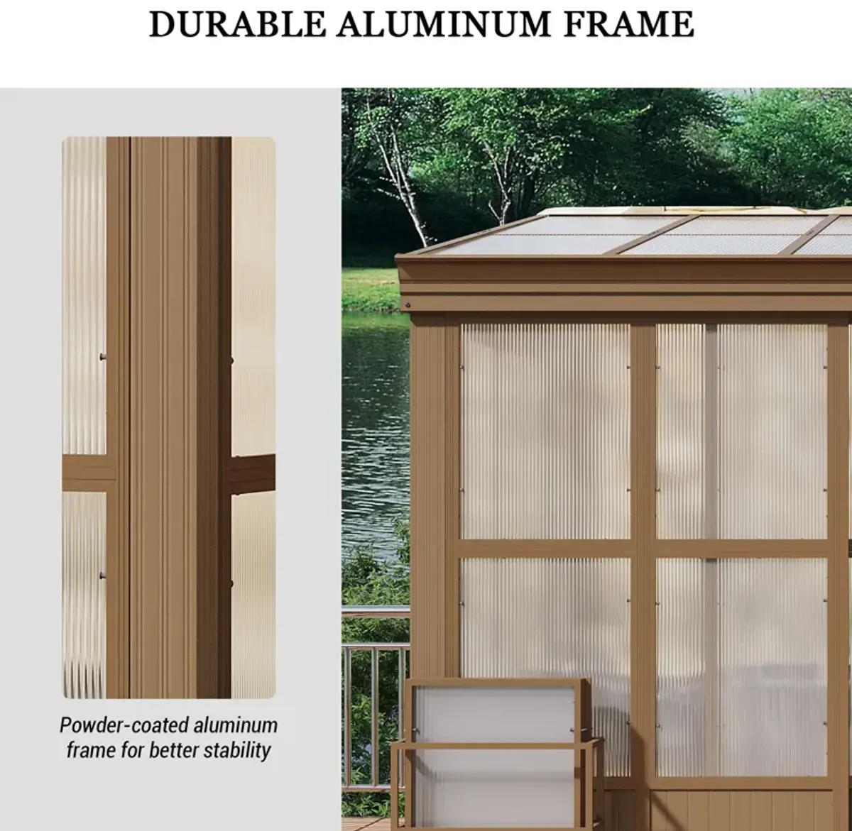 MONDAWE Lean to Sun Room 10x14FT, Wall Mounted Solarium with Sloping Polycarbonate Roof, Detachable Screens and 2 Lockable Sliding Doors