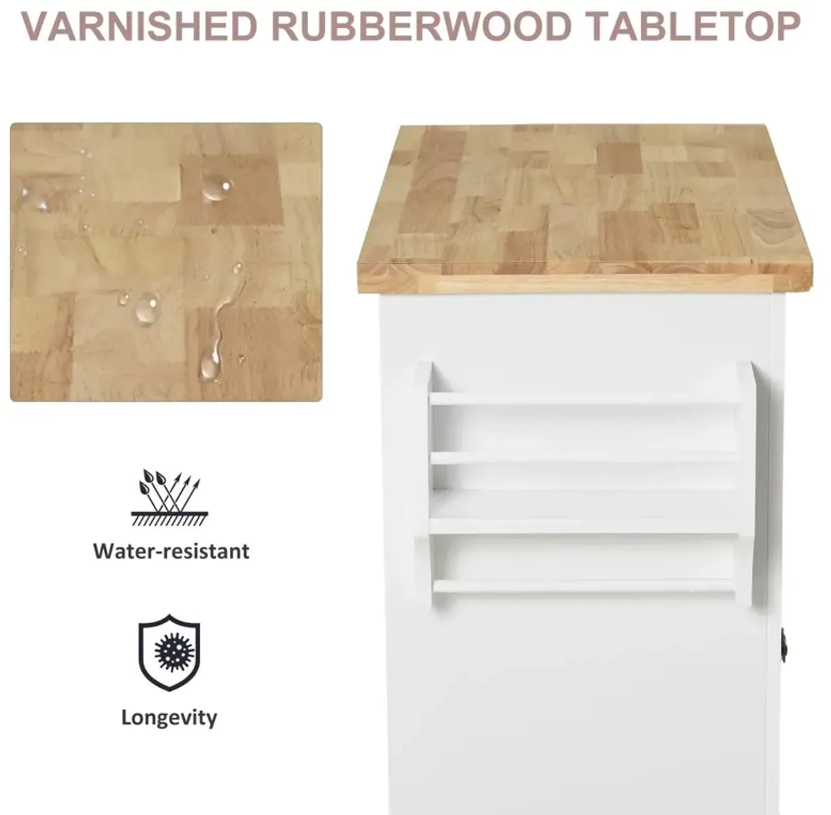 White Kitchen Trolley: Rolling Cart with Wood Top and Storage