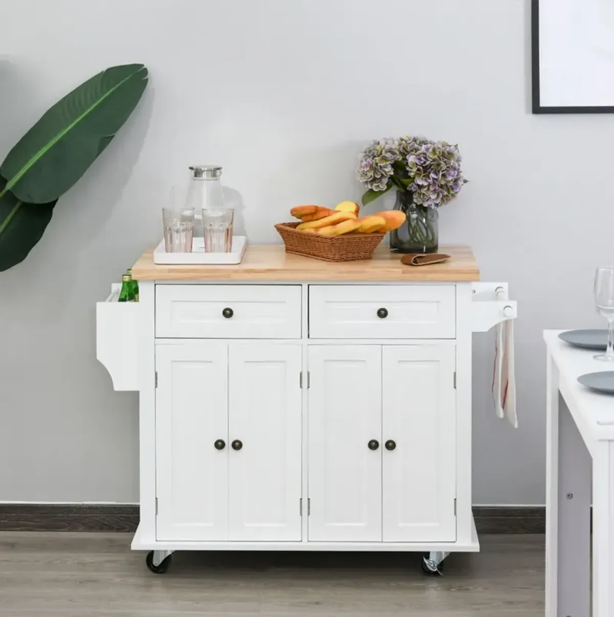 White Kitchen Trolley: Rolling Cart with Wood Top and Storage