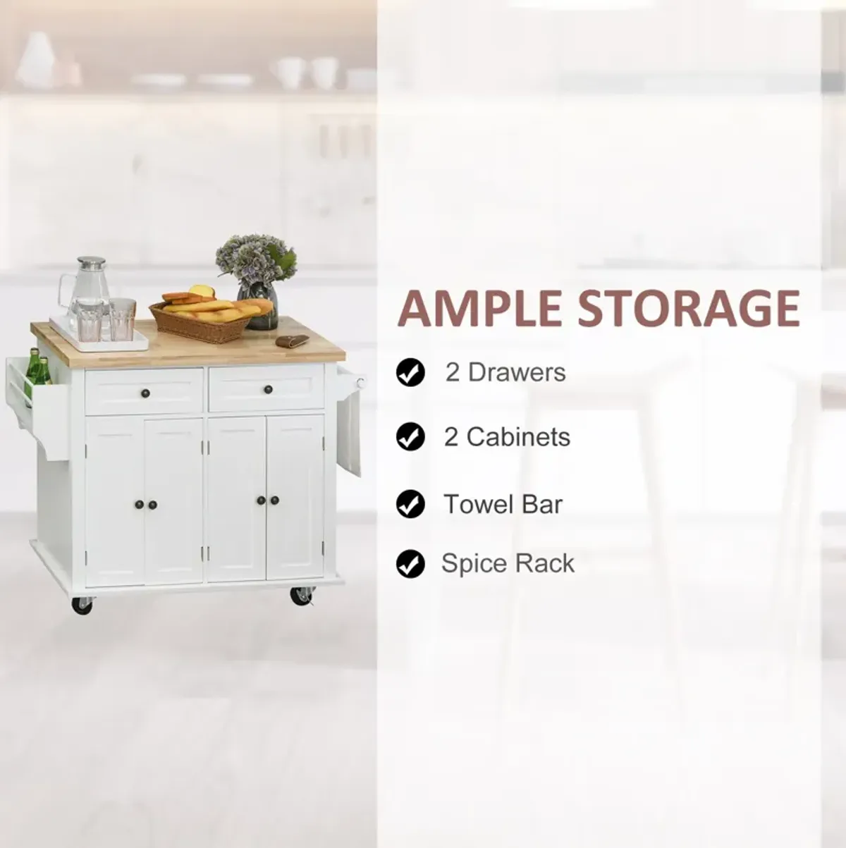 White Kitchen Trolley: Rolling Cart with Wood Top and Storage