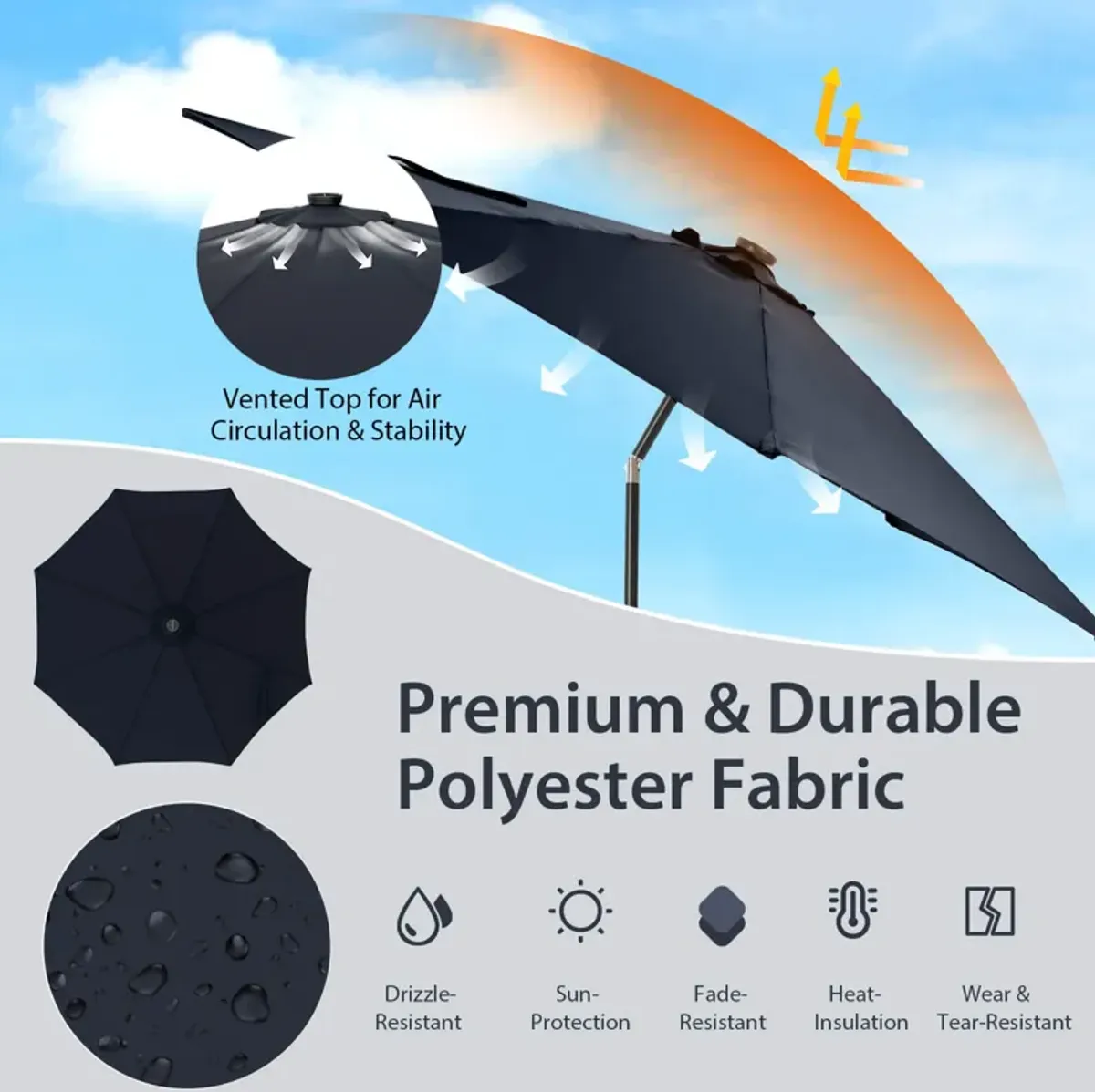 10-Foot Patio Umbrella with 112 Solar LED Lights and Crank Handle