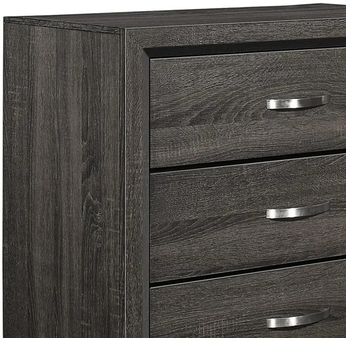 5 Drawer Wooden Chest with Grain Details and Chamfered Feet, Gray-Benzara