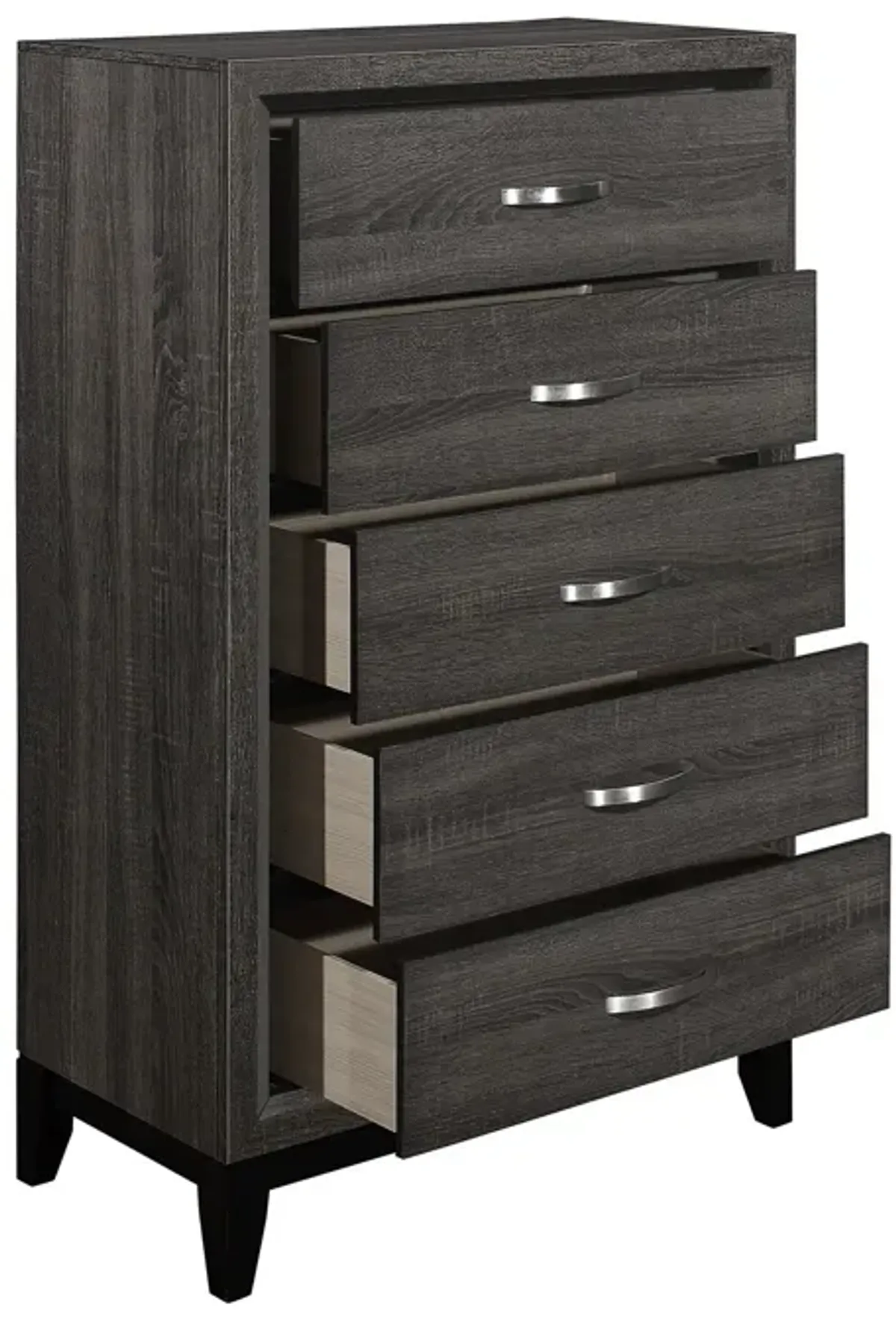 5 Drawer Wooden Chest with Grain Details and Chamfered Feet, Gray-Benzara