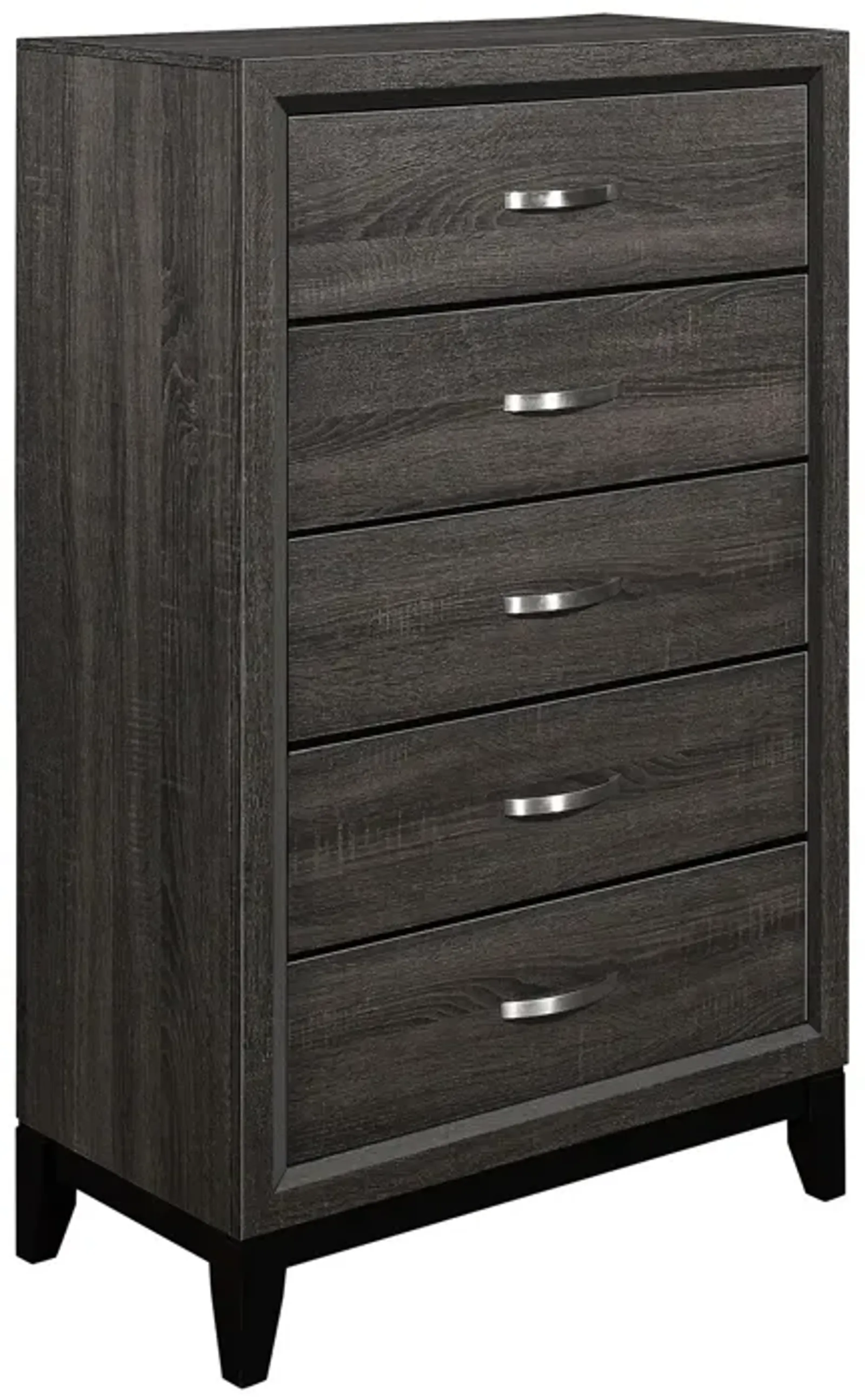 5 Drawer Wooden Chest with Grain Details and Chamfered Feet, Gray-Benzara