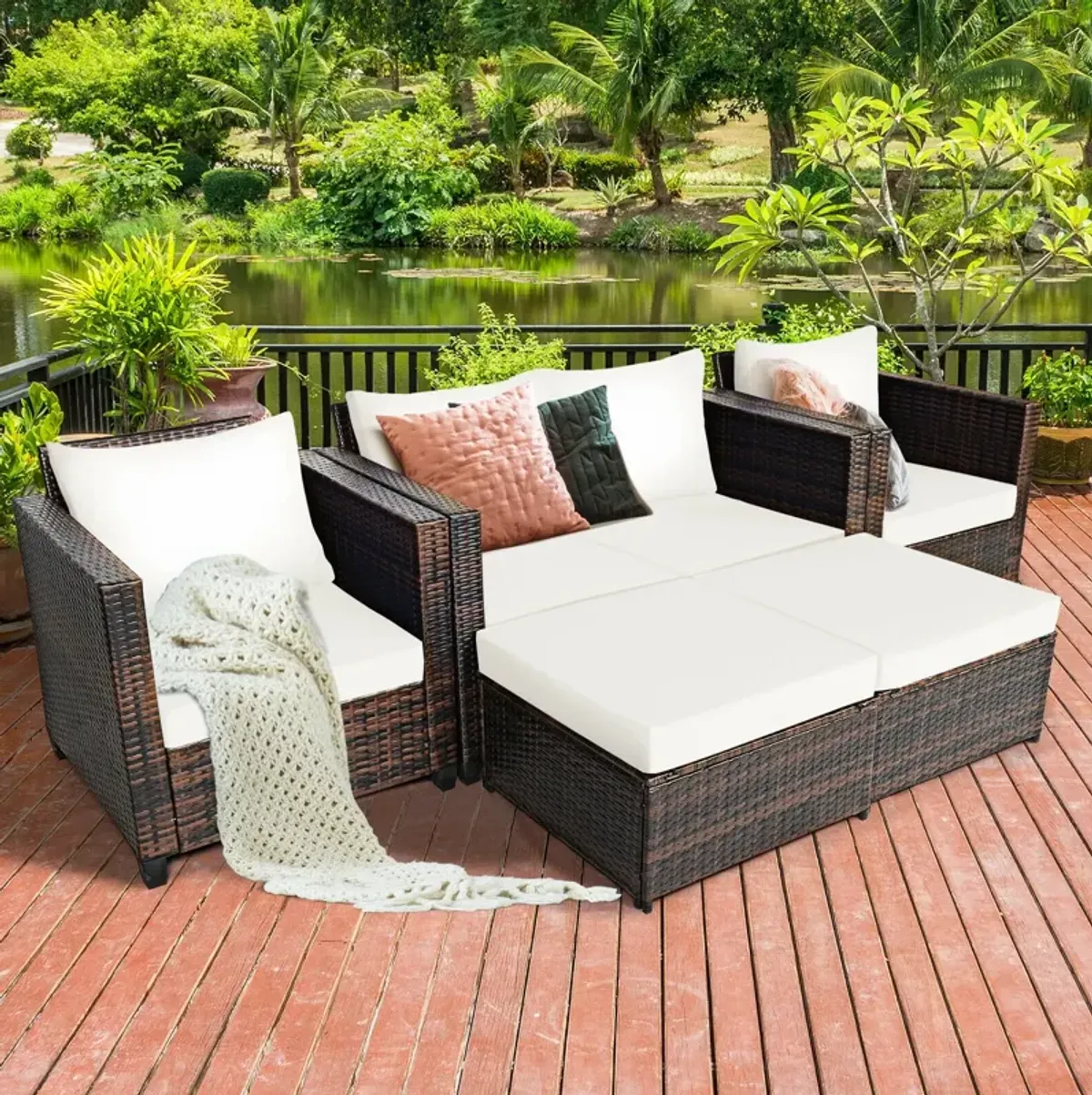 5 Pieces Patio Rattan Furniture Conversation Sets with Removable Cushions