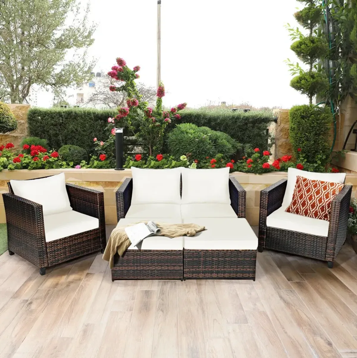 5 Pieces Patio Rattan Furniture Conversation Sets with Removable Cushions