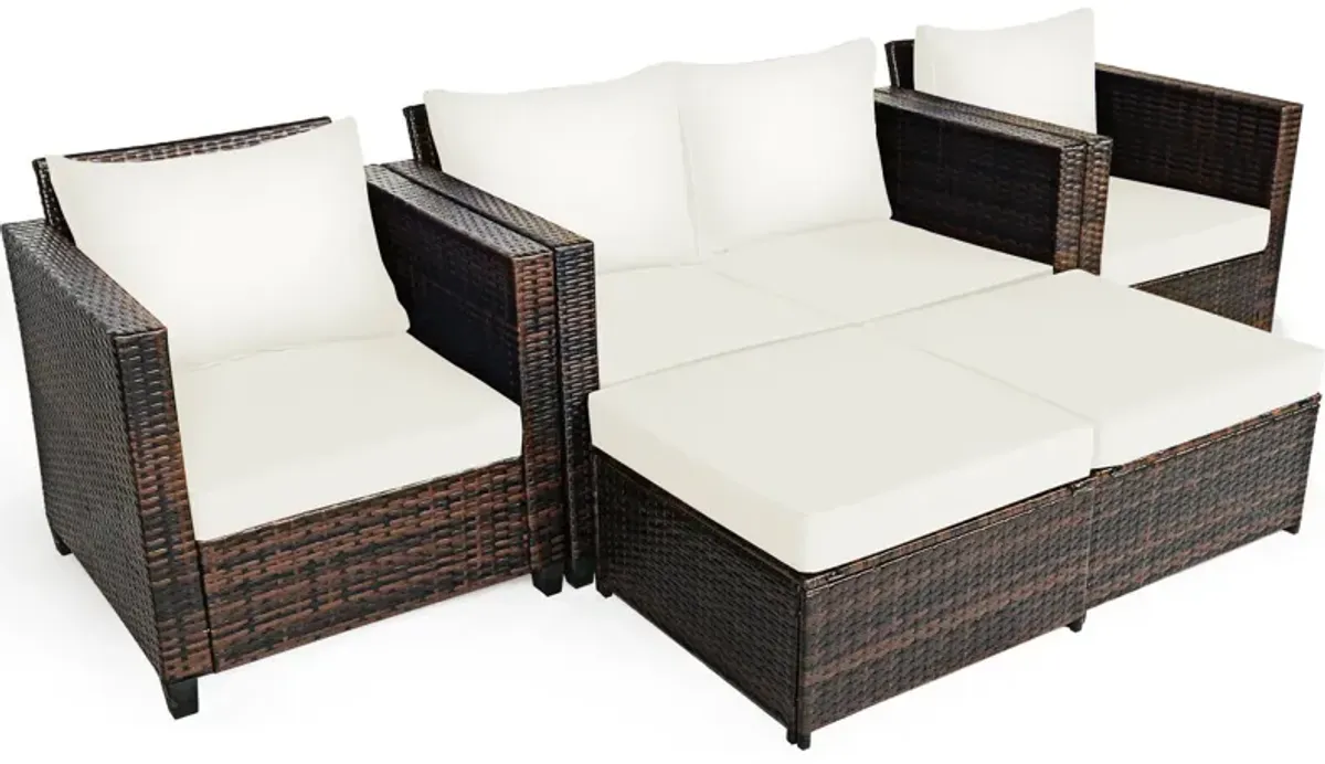 5 Pieces Patio Rattan Furniture Conversation Sets with Removable Cushions