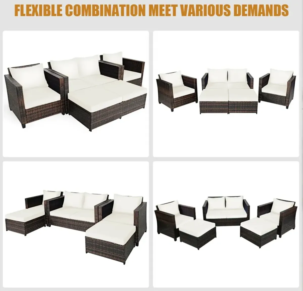 5 Pieces Patio Rattan Furniture Conversation Sets with Removable Cushions