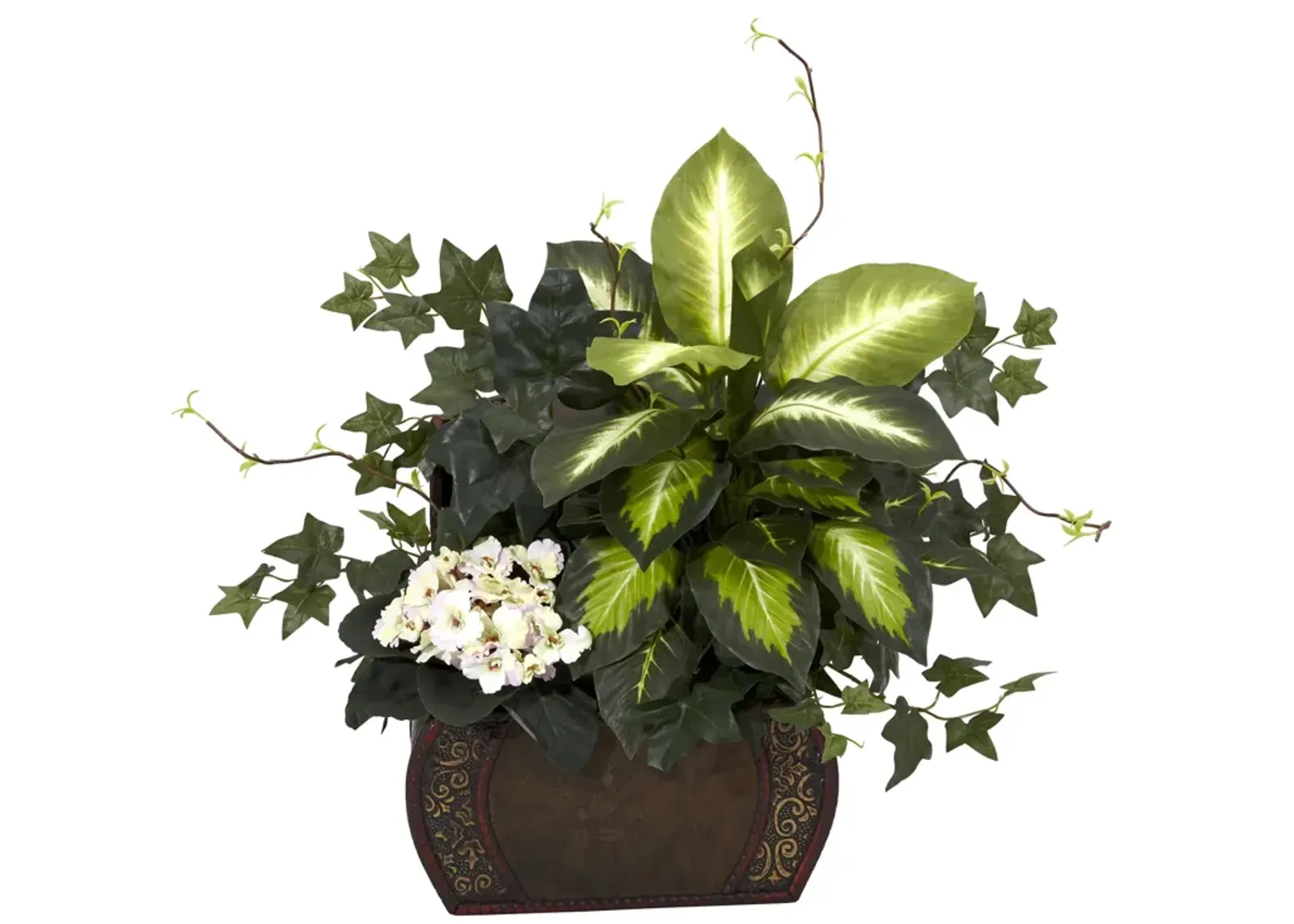 HomPlanti African Violet, Dieffenbachia & Ivy w/Chest Silk Plant