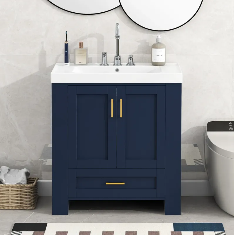 Vintage Blue and Gold Bathroom Cabinet with Storage, Durable Resin Basin