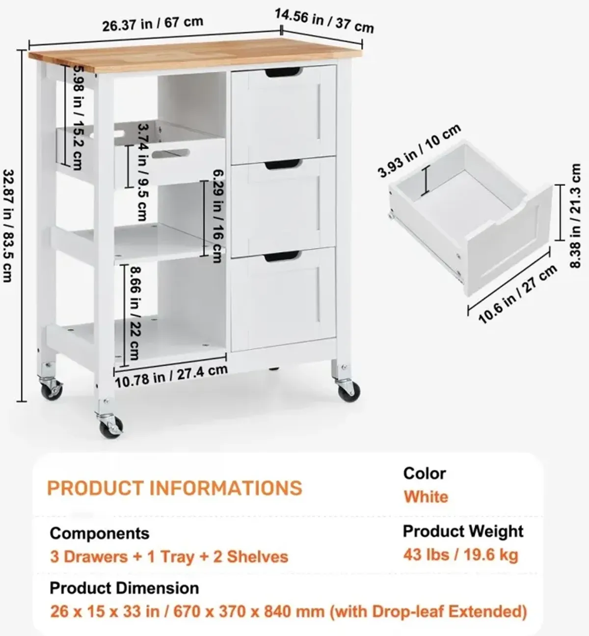 Rolling Portable Small Kitchen Island Cart on Wheels with Solid Wood Top, Dining Room Serving Utility Carts Mobile Movable with 3 Drawers and Storage Shelves Cabinet, White