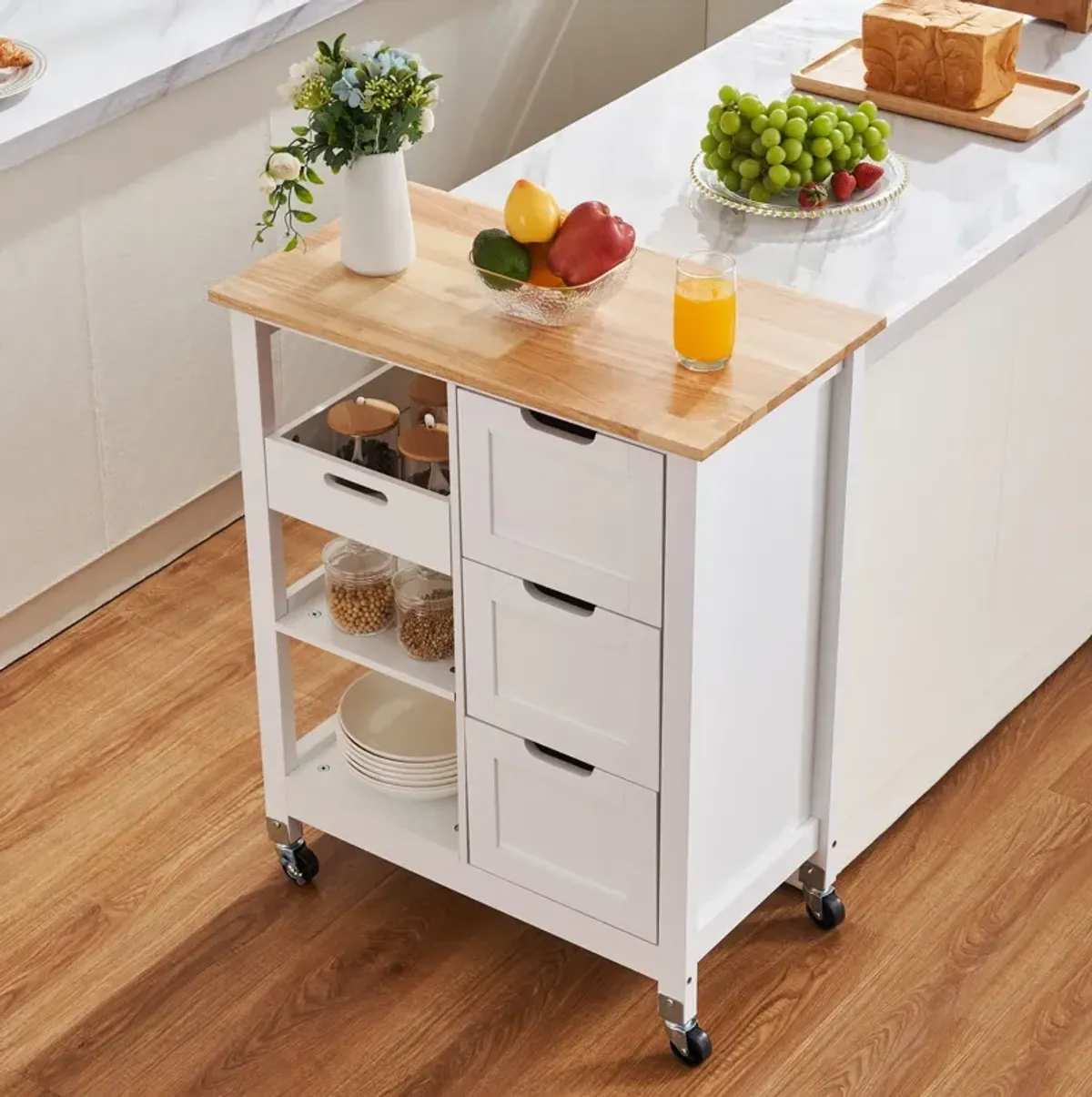 Rolling Portable Small Kitchen Island Cart on Wheels with Solid Wood Top, Dining Room Serving Utility Carts Mobile Movable with 3 Drawers and Storage Shelves Cabinet, White