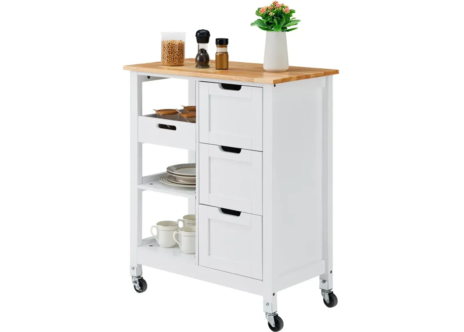 Rolling Portable Small Kitchen Island Cart on Wheels with Solid Wood Top, Dining Room Serving Utility Carts Mobile Movable with 3 Drawers and Storage Shelves Cabinet, White