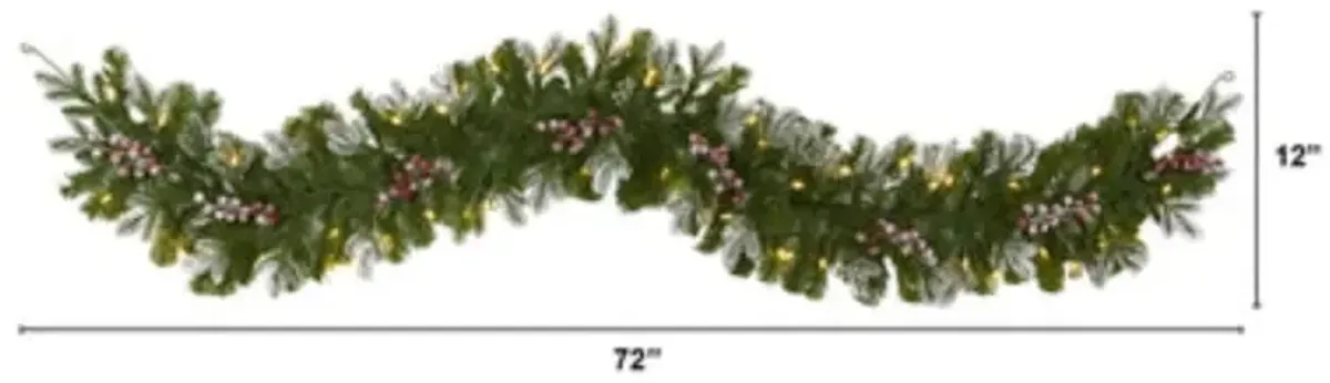 HomPlanti 6' Snow Tipped Artificial Christmas Garland with 50 Warm White LED Lights and Berries