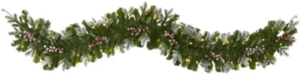 HomPlanti 6' Snow Tipped Artificial Christmas Garland with 50 Warm White LED Lights and Berries