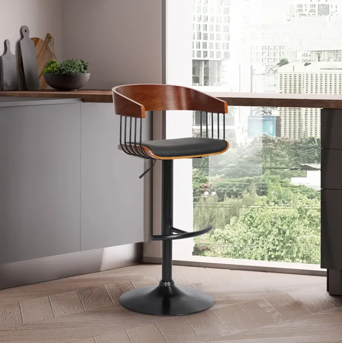 Larisa Adjustable Walnut Wood Stool in Black Faux Leather with Black Metal