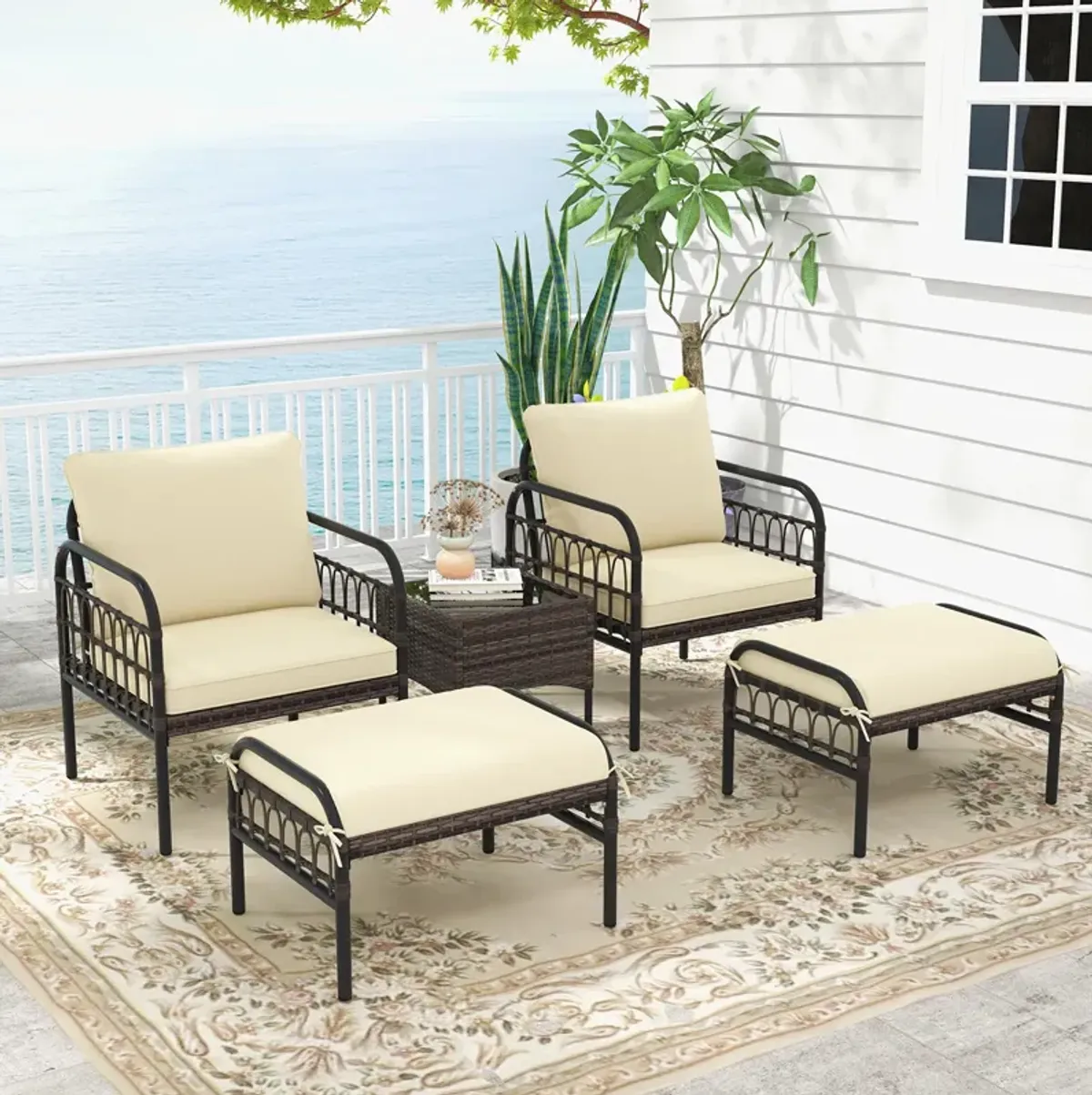 5 Piece Patio Conversation Set with Ottomans and Coffee Table