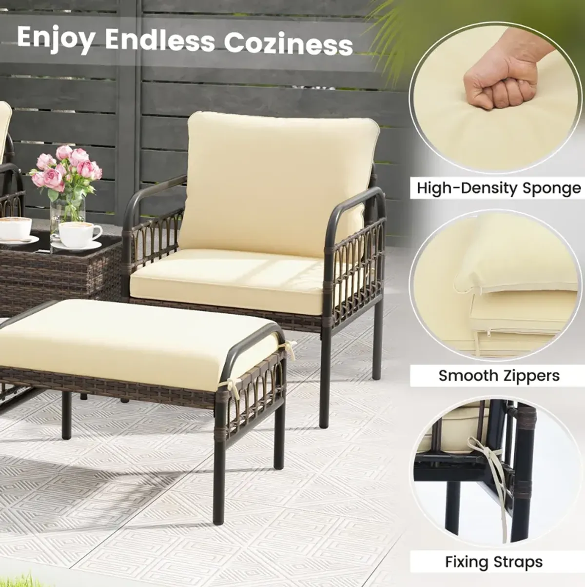 5 Piece Patio Conversation Set with Ottomans and Coffee Table