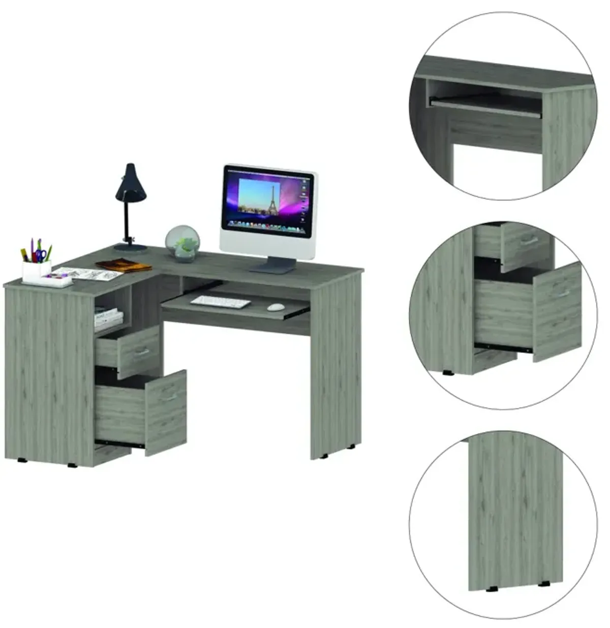 Mix L-Shaped Desk, Keyboard Tray, Two Drawers, Single Open Shelf - Light Gray