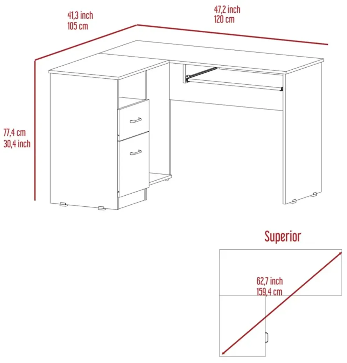 Mix L-Shaped Desk, Keyboard Tray, Two Drawers, Single Open Shelf - Light Gray