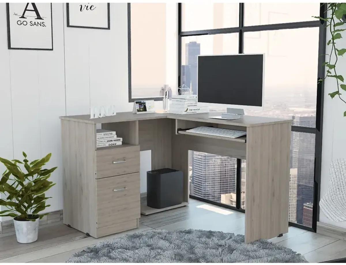 Mix L-Shaped Desk, Keyboard Tray, Two Drawers, Single Open Shelf - Light Gray