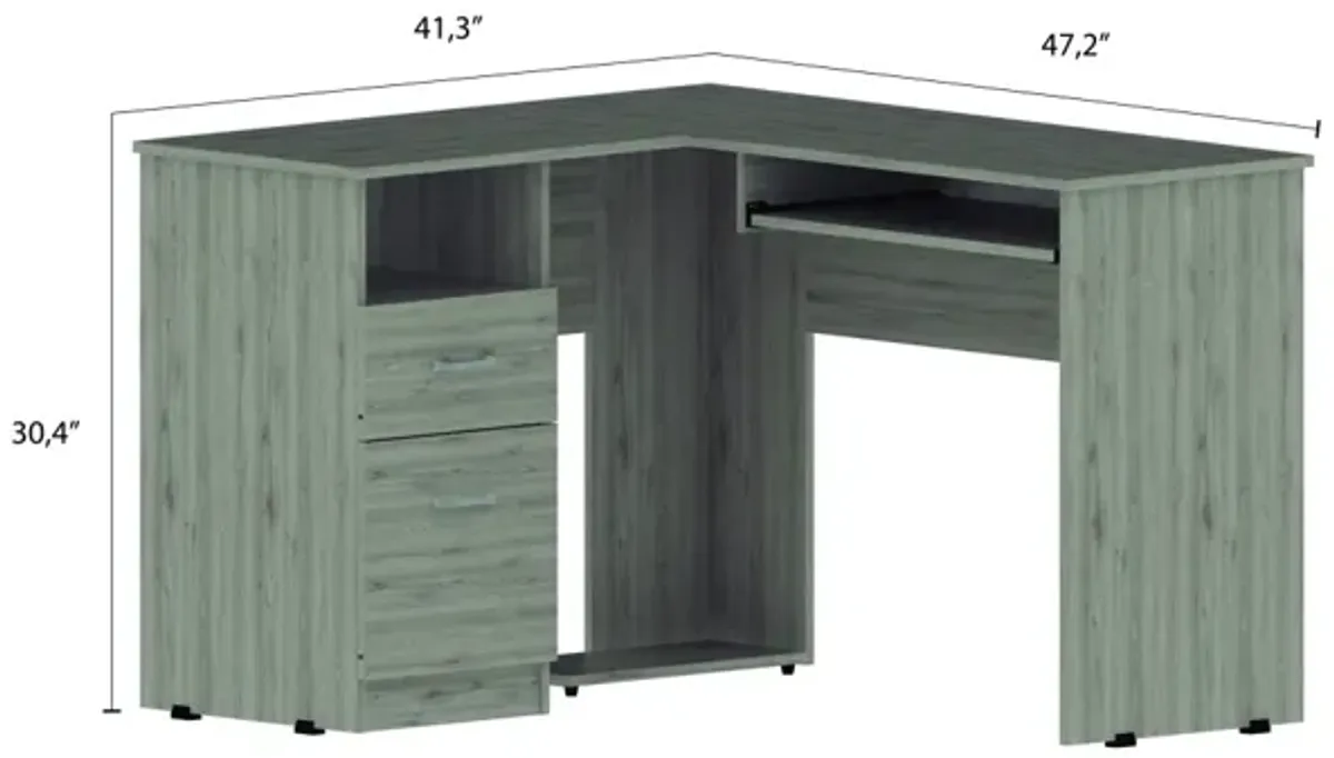 Mix L-Shaped Desk, Keyboard Tray, Two Drawers, Single Open Shelf - Light Gray