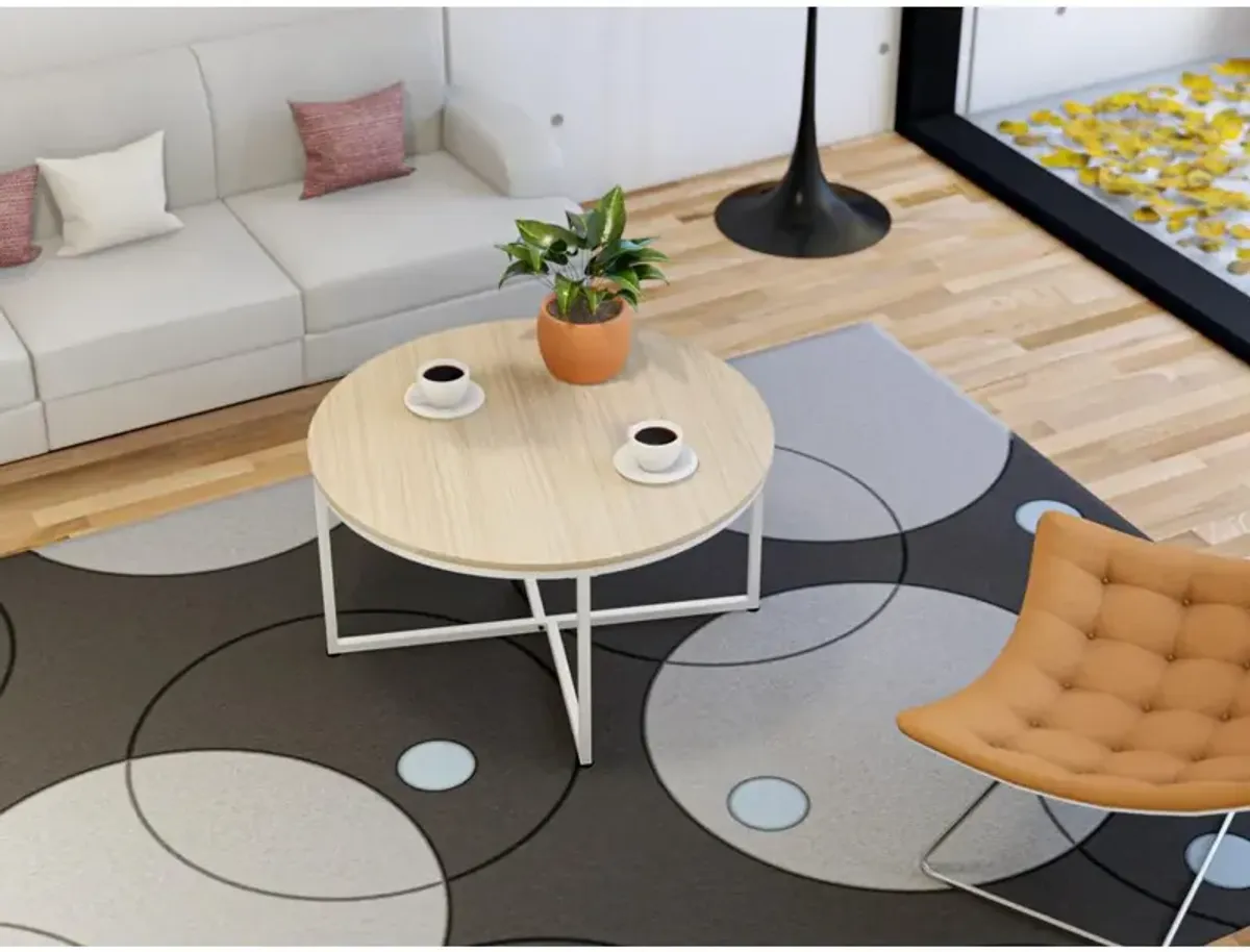 Madison Round Coffee Table for Living Room, Mid Century Modern Coffee Table in Powder Coating White Color and White Wood Laminate