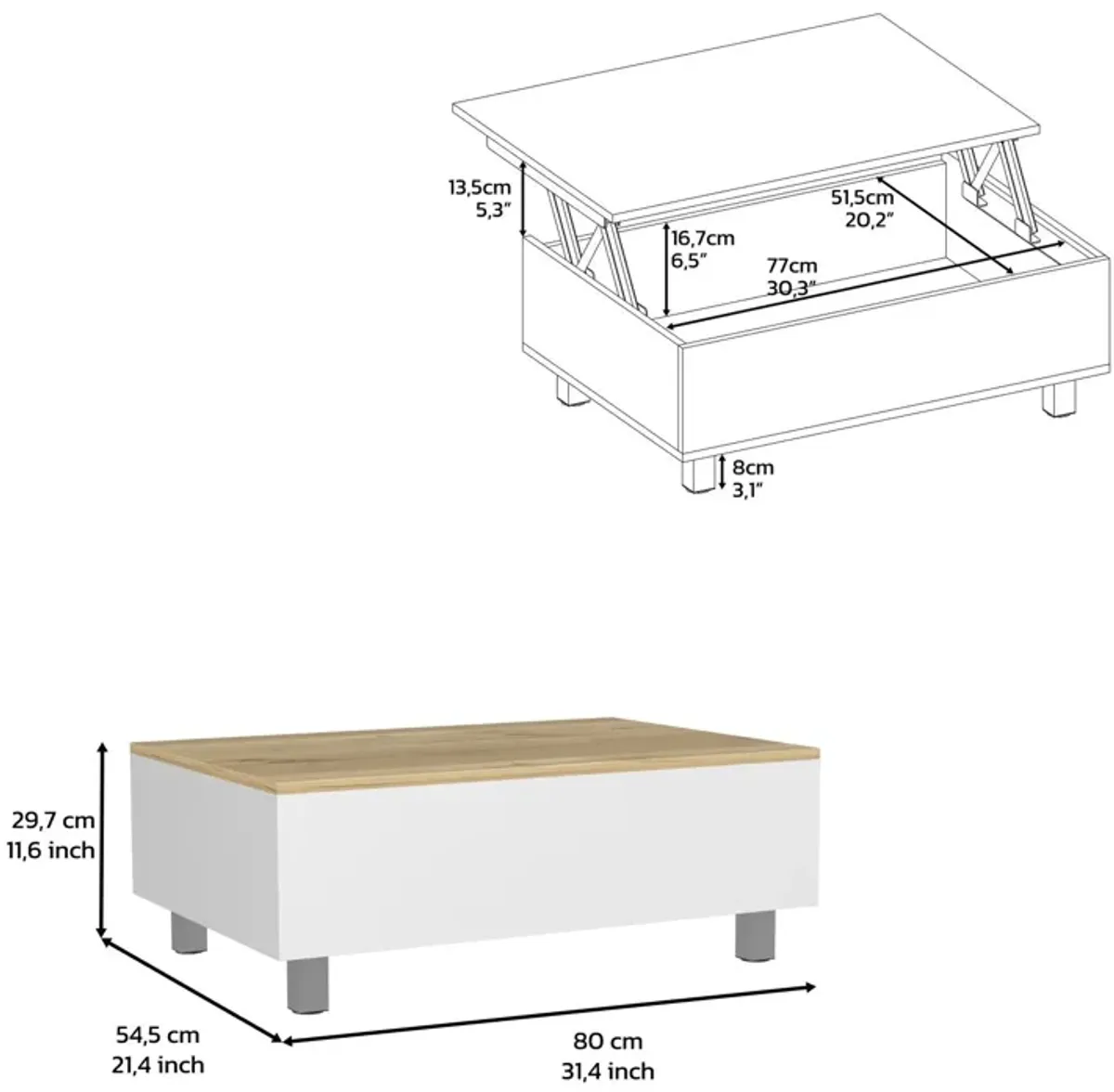 Aran Lift Top Coffee Table, Storage Compartment, White / Light Oak -Living Room