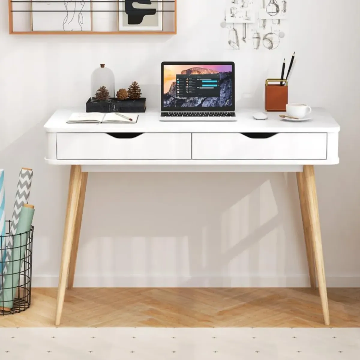 Hivvago 43.5 Inch Computer Desk with 2 Drawers for Small Spaces