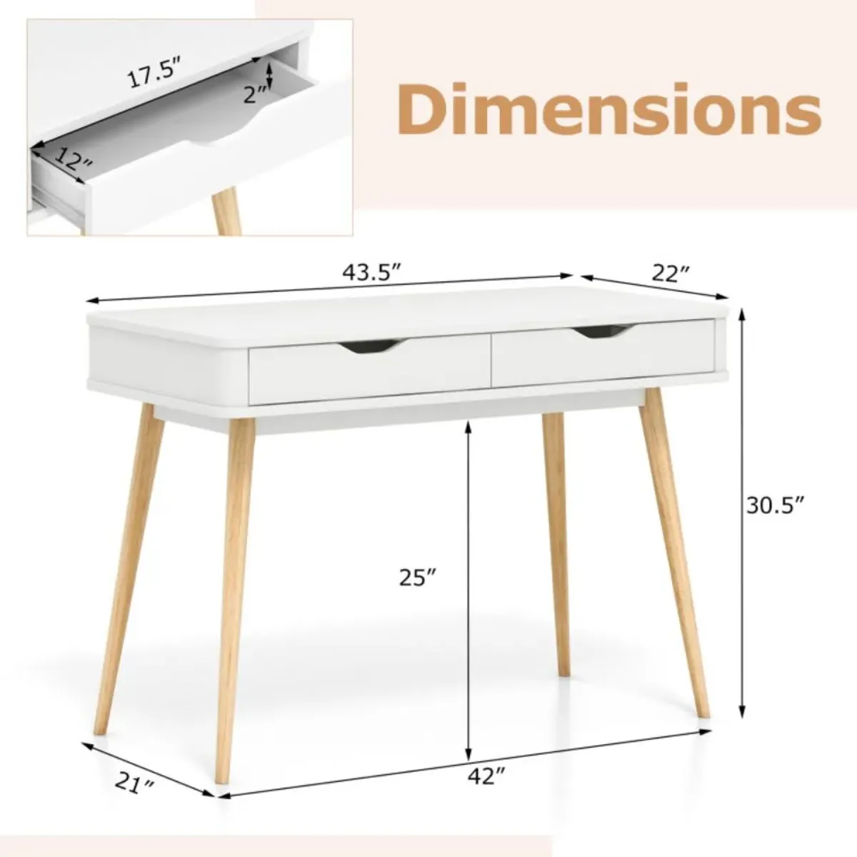 Hivvago 43.5 Inch Computer Desk with 2 Drawers for Small Spaces