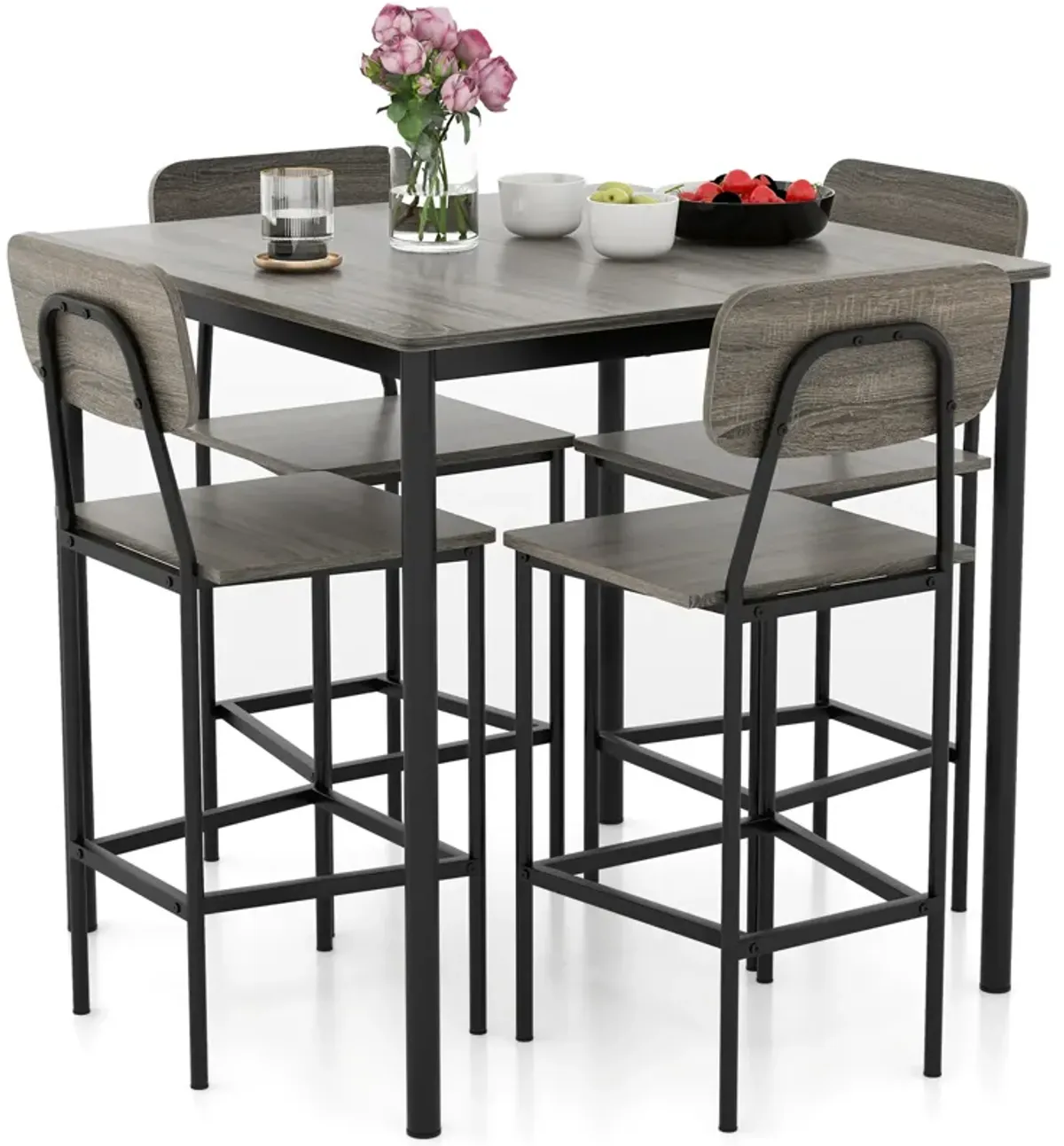 5 Pieces Industrial Dining Table Set with Counter Height Table and 4 Bar Stools