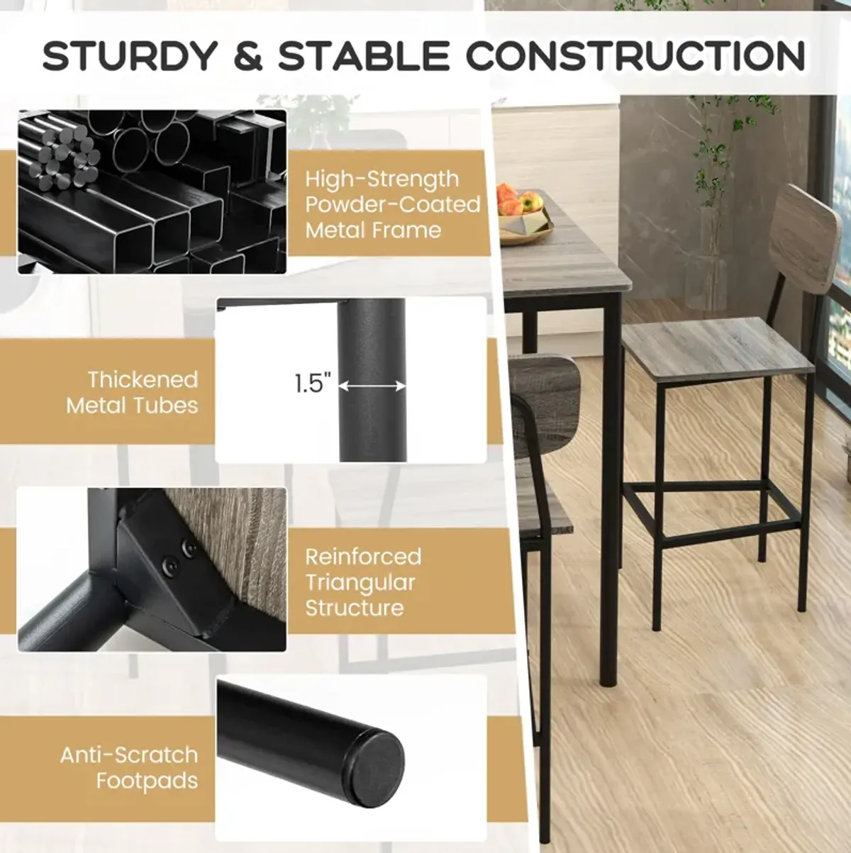 5 Pieces Industrial Dining Table Set with Counter Height Table and 4 Bar Stools